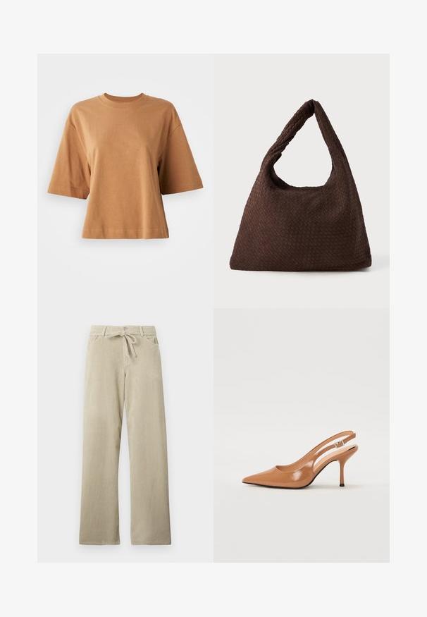 Short-sleeve, crew-neck t-shirt in light brown cotton. Relaxed fit with a smooth texture and seam detailing along the sleeves and hem.; Beige wide-leg corduroy pants with front pockets, button closure, belt loops, and a tied fabric belt at the waist.; Pointed toe slingback heel in a smooth, glossy tan material. Features a curved cutout design and a slender stiletto heel. Silver buckle detail.; Brown woven bag with a slouchy shape, a single loop handle, and a textured surface. The design features a hobo style without additional hardware.