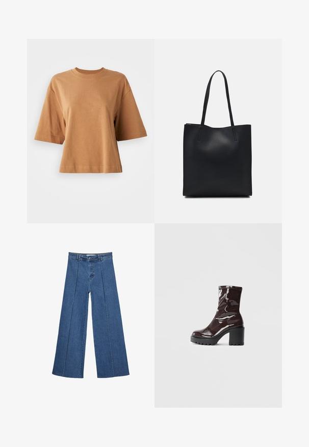 Majica s kratkimi rokavi in okroglim izrezom v svetlo rjavi barvi iz bombaža. Ohlapen kroj z gladko teksturo in šivi ob rokavih ter robu.; Jeans širokih nogavic v srednji modri barvi, z visokim pasom, gumbom in kontrastnimi navpičnimi šivi spredaj.; Sijajan škrlatank z bleščečim videzom, z masivnim črnim peto, ki se ponaša z gladko teksturo in preprostim dizajnom. Brez vidnih zapenjal ali vzorcev.; Črna usnjena torba s svilnato teksturo, pravokotne oblike in dvema dolgima ročajema. Brez vidnih metalnih delov ali okrasnih elementov.