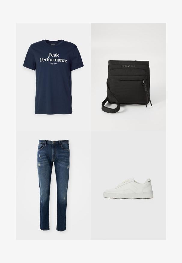 Tricou din bumbac bleumarin, cu textul "Peak Performance" în alb, având "Est. 1986" dedesubt. Guler clasic rotund și mâneci scurte.; Jeans din denim albastru închis, cu croială slim, ușor deteriorați pe coapse și genunchi, design clasic cu cinci buzunare și închidere cu nasture.; Sneakers din piele albă cu un finisaj neted, vârf rotund, șireturi plate și o talpă texturată. Prezintă un logo subtil pe călcâi.; Geantă crossbody neagră Emporio Armani, cu buzunar frontal cu fermoar, curea ajustabilă și detalii cu logo pe țesătura texturată.
