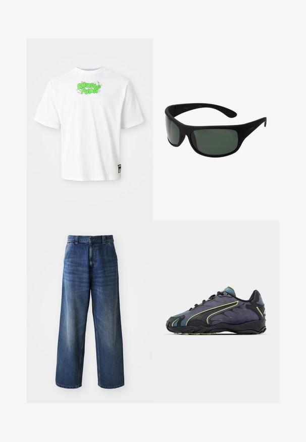 Bela kratka majica s kratkimi rokavi z zelenim napisom "Ripndip Pima" in majhnimi risanimi mačkami blizu ovratnika ter oznako Puma blizu roba.; Visoko pasovane modre kavbojke z širokimi hlačnicami, ki se ponašajo z nežnim zbledelostjo, sprednjima žepoma in gumbom za zapiranje na pasu.; črne in vijolične športne čevlje z teksturirano zgornjico, zelenimi poudarnimi črtami in gumijastim podplatom z valovitim vzorcem. Zavezovanje.; Črne Sonnenbrille z zavitimi okvirji in temno zelenimi lečami. Matt finiš, ukrivljen dizajn, s ravnimi ročaji in diskretnim logotipom na strani.