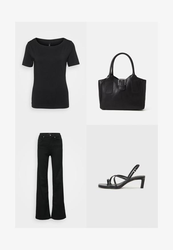 Melna īsām piedurknēm t-kreklā ar plašu, noapaļotu izgriezumu; izgatavots no viegla, gluda auduma ar pieguļošu siluetu. Bešuvju dizains.; Melnas flared džinsas, izgatavoti no denima, ar augstu jostasvietu, piecām kabatām un metāla pogu aizdari. Gluda tekstūra ar minimālu apdari.; Melnas strappy sandales ar kvadrātveida purngaliem un zemu bloku papēdi. Ievērojamas ar vairākiem plāniem siksniņām un regulējamu potītes siksniņu. Izgatavotas no gludas ādas.; Melnas ādas somiņa ar gludu tekstūru, strukturētu formu, divām rokturām un izteiktu sudraba sprādzi priekšpusē.