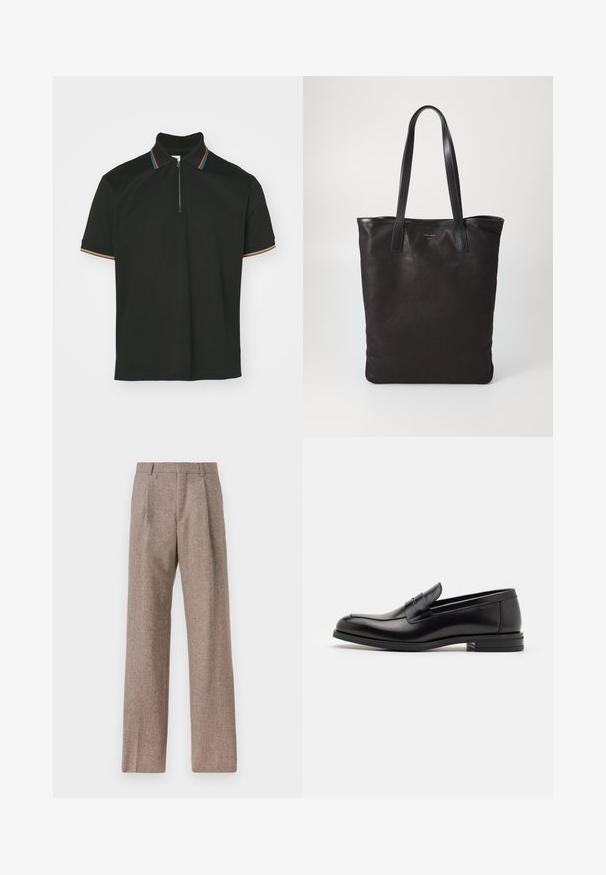 Černé polo tričko s límcem na zip a vícebarevnými pruhy. Krátké rukávy a hladká bavlněná struktura.; Světle modrá košile s dlouhými rukávy, špičatým límcem, černými knoflíky a unikátním výřezem vpředu pro výjimečný design.; Hnědé kalhoty s vysokým pasem vyrobené z texturované látky. Mají široké nohavice a dva přední sklady pro strukturu. Úhledné provedení bez viditelné kovových částí.; Černé kožené polobotky s hladkou texturou, zaoblenou špičkou a zdobným páskem přes nárt. Nízký stohovaný podpatek, minimalistický design.; Černá plátěná taška s černými koženými uchy. Jednoduchý design, prostorné tělo a hladký povrch. Žádné viditelné loga ani vzory.