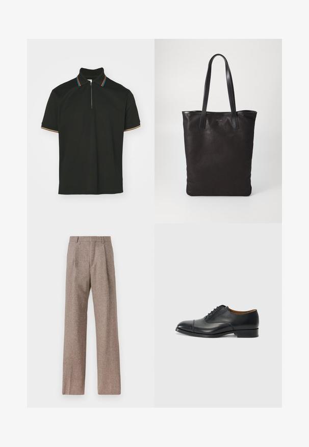 Čierna polo tričko so zipsovým golierom a viacfarebnými pruhmi. Krátke rukávy a hladká bavlnená textúra.; Hnedé, vysoké nohavice vyrobené z texturovanej látky. Majú široké nohavice a dva predné záhyby pre štruktúru. Úhľadné spracovanie bez viditeľného kovania.; Čierne kožené šaty topánky s hladkým povrchom, okrúhlym špičkou, piatimi očkami na šnúrky a nízkym blokovým podpätkom. Minimalistický dizajn s jemným prešívaním.; Čierna plátená taška s čiernymi koženými ušami. Jednoduchý dizajn, priestranné telo a hladká textúra. Žiadne viditeľné logo ani vzory.