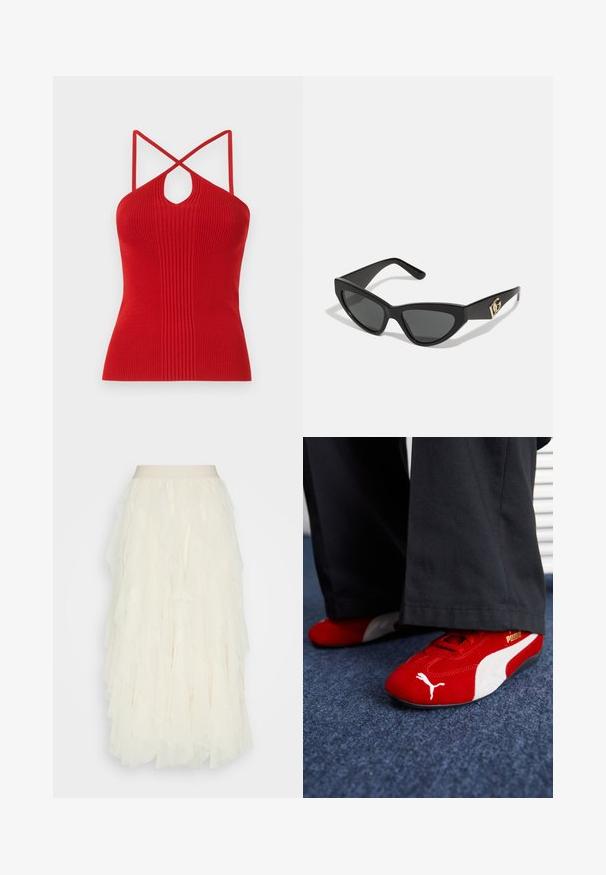 Punainen ribattu halter-toppi, jossa on avainaukko leikkaus, ohuet ristikkäiset hihnat ja istuva malli. Valmistettu joustavasta neulemateriaalista.; Kerman tüllihame, jossa on kerroksellisia röyhelöitä.omiaan suora vyötärö ja verkkomainen, läpikuultava pinta. Ulottuu polven puoliväliin.; Punaiset mokkapohjaiset lenkkarit valkoisilla yksityiskohdilla, joissa on tekstuurinen materiaali, pyöreä kärki ja kultainen logo sivussa, yhdistetty mustiin housuihin.; Aurinkolasit kissansilmällä, joissa on matta musta muovikehys, tummat linssit ja kultainen logokiinnitys temppeleissä. Kulmikas muotoilu ja sileä pinta.