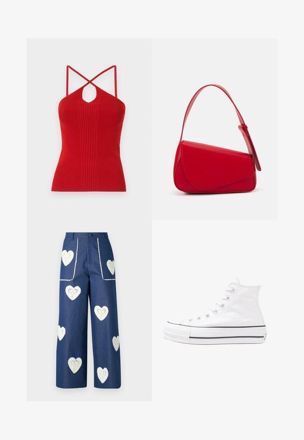 Top halter roșu cu nervuri, având o decupare în formă de cheie, curele subțiri încrucișate pe spate și o formă ajustată. Fabricat dintr-un material tricotat elastic.; Sister Jane HEART TO HEART - Blugi drepți - blue denim; Adidași albi tip pantofi sport cu glezna din pânză, cu talpă din cauciuc negru, capac de vârf din cauciuc frontal și șase ochiuri pentru șireturi, având un design curat și minimalist.; Geantă de mână din piele roșie, cu un design unghiular și geometric. Dispune de o singură curea ajustabilă și un sistem de închidere cu clapetă, cu detalii cusute.