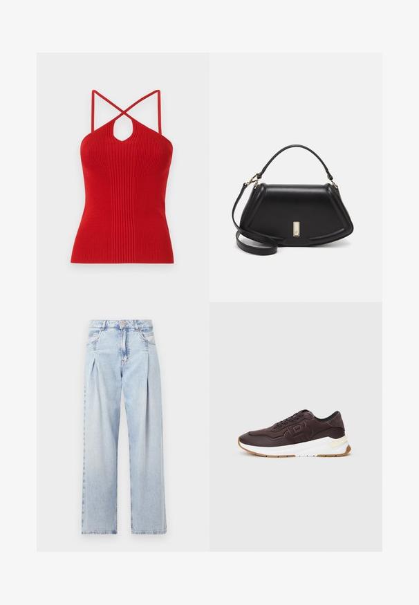 Rød ribbet haltertop med en nøkkelhullsutskjæring, tynne kryssryggstropper og en tettsittende fasong. Laget av et elastisk strikket materiale.; Lyseblå denimjeans med høy livlinje, vide ben, to sidelommer og plisserte detaljer. Myk tekstur med en falmet finish.; Mørkebrune sneakers med svart kant, preget logo på siden, hvit tykk såle og gummifarget yttersåle på en enkel bakgrunn.; Sort lærveske med en strukturert design, som har en avkortet form, topphåndtak og detaljer i gull. Justerbar skulderstropp inkludert.