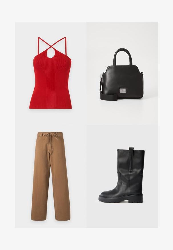 Sarkanais ribotais halter tops ar atslēgas caurumu, plānām krusta striķu un pieguļošu formu. Izgatavots no elastīga adījuma materiāla.; Brūni plaši bikses, izgatavotas no kokvilnas, ar auklu viduklī un divām priekšējām kabatām. Iekšējais audums ir strukturēts, bet ārējais - gluds.; Melnas ādas līdz ceļiem augstas zābaki ar elegantu dizainu, kas iezīmē biezus zole un sānu cilpu, lai ērtāk uzvilktu. Ievērojamas šuvju akcenti.; Melna sintētiska soma ar augšējiem rokturiem, noņemamu plecu siksniņu, apaļu formu, gludu tekstūru un sudraba logotipa akcentu priekšpusē.