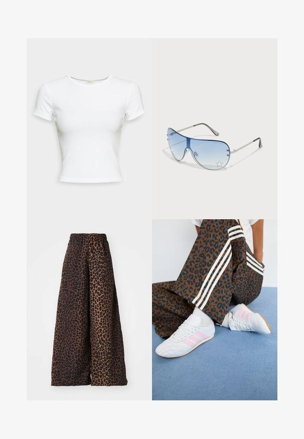 Bela kratka majica s kratkimi rokavi, izdelana iz gladkega bombažnega blaga. Ima preprost okrogli izrez in prilega se telesu. Brez vzorcev ali dodatkov.; Široke hlače iz gladkega materiala, z rjavim ozadjem in črnimi leopardskimi vzorci ter elastičnim pasom.; Bela športna obutev z rožnatimi črtami, skupaj z rjavimi hlačami z leopardjim vzorcem, ki imajo bele stranske črte, na modrem preprog. ; Pilotne sončne očala z gradijentnimi modrimi lečami, srebrnim kovinskim okvirjem in okrasnimi zvezdastimi detajli na lečah. Gladek in eleganten dizajn.