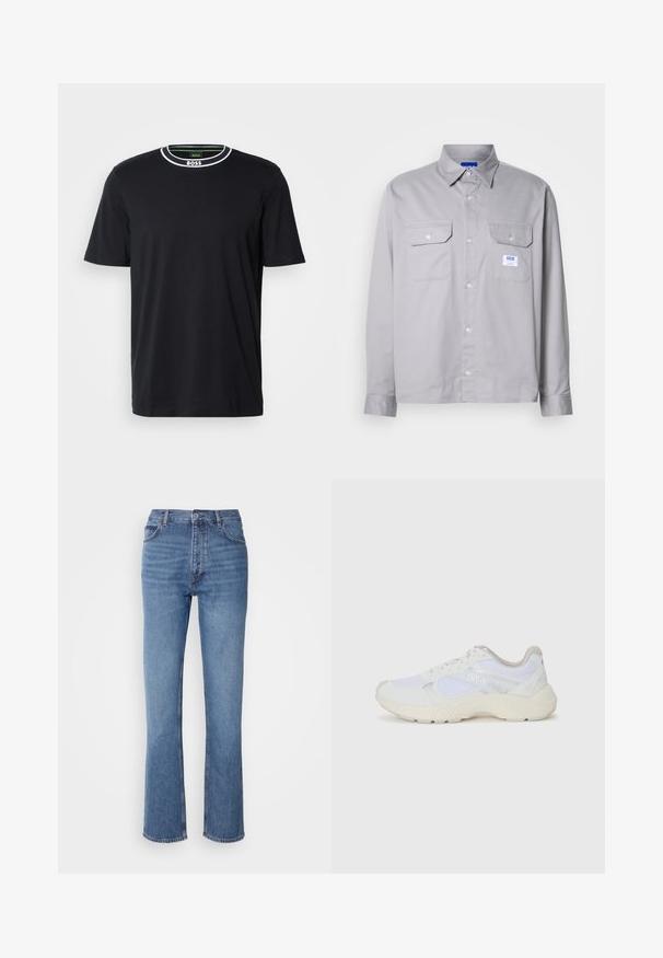 Juodas trumpas rankovės marškinėliai, pagaminti iš medvilnės, su apvalia iškirpte, kuri turi kontrastingą baltą apdailą ir mažą logotipo etiketę ant apykaklės.; Pilkas medvilninis marškinėlis ilgomis rankovėmis, turintis apykaklę su mygtukais, dvi krūtinės kišenes ir mažą prekinį ženklelį kairiajame kišenėje.; Mėlyni džinsai su aukštu liemeniu, tiesaus kirpimo dizainu ir subtiliu išblukimu. Turi klasikinį penkių kišenių stilių ir užtrauktuko uždarymą.; Balti sportiniai bateliai, pagaminti iš tinklinės medžiagos ir zomšos, su tekstūruotu viduriu, tekstūruotais akcentais ir „HUGO“ logotipu šone.
