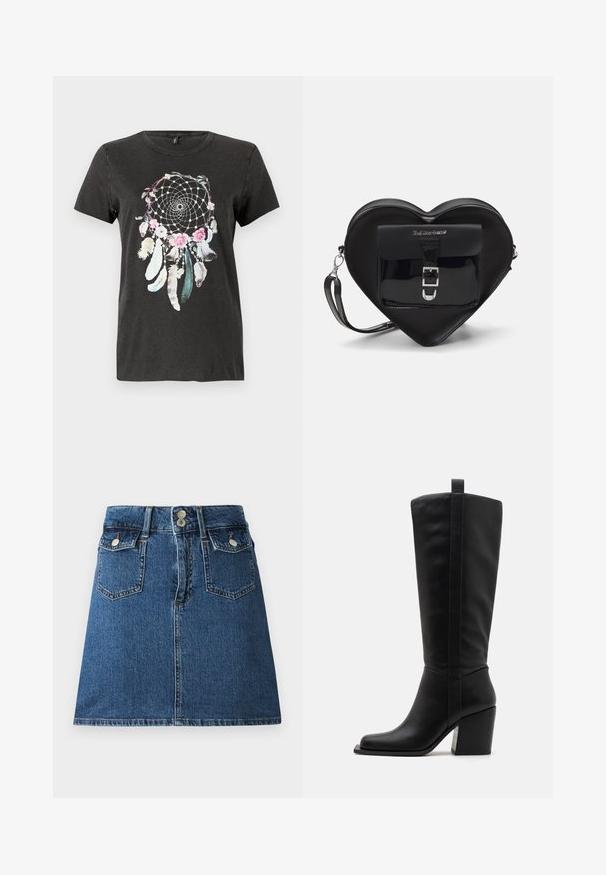 Melnas kokvilnas T-krekls ar apaļu sapņu ķērāja dizainu, kuram ir ziedu akcenti, spalvas un detalizēts līniju darbs pasteļtoņos.; Tumši zili džinsu svārki ar pieguļošu jostasvietu, divām priekšējām kabatām, divām aizmugurējām kabatām un sudraba krāsas pogām.; Melna ādas zābaku līdz ceļgaliem ar kvadrātveida purngaliem, sašaurinātu papēdi un vertikālām šuvēm gar ārējo šuvi. Gluda tekstūra.; Melnas sirdshape formas somiņa, izgatavota no lakotas ādas, ar priekšējo kabatu, kurai ir sprādzes aizdare un noņemama siksna. Sudraba krāsas furnitūra.