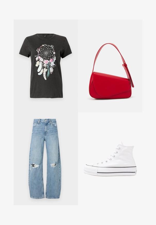 T-shirt de algodão preto com um design circular de apanhador de sonhos, com acentos florais, penas e um trabalho de linhas detalhado em cores pastel.; Jeans de lavagem clara, de cintura alta, feitos de denim. Apresentam pernas largas, duas áreas rasgadas nos joelhos e o estilo clássico de cinco bolsos.; Sapatilha alta de tela branca com sola de borracha preta, bico de borracha na frente e seis ilhós para os atacadores, apresentando um design limpo e minimalista.; Bolsa de mão em couro vermelho com um design angular e geométrico. Apresenta uma única alça ajustável e um fecho com aba, com detalhes cosidos.