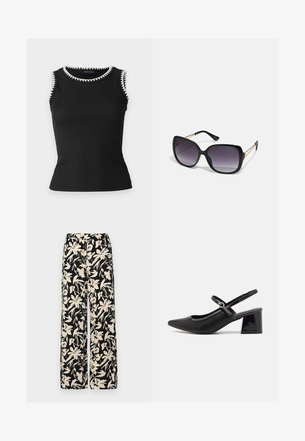 Zwart mouwloos topje met ribbelstructuur; heeft een witte zigzagafwerking rondom de halslijn en armsgaten; aansluitend ontwerp.; Zwarte wijde broek met een crèmekleurig bloemenpatroon. Gemaakt van lichtgewicht stof, met een zachte textuur en een hoge tailleband.; Zwarte gepolijste leren slingback hakken met een spitse neus, een ronde uitsnede en een blokhak. Voorzien van een gouden gespaccent.; Zwarte oversized zonnebril met gradient glazen, dikke montuur en gouden kettingdetails op de pootjes.; Zwarte handtas met gestructureerde vorm, gladde textuur en een metalen sluiting. Gecombineerd met brede zwarte broeken en sandalen met open teen op een houten vloer.