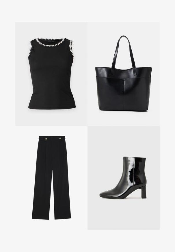 Black sleeveless top with ribbed texture; features a white zigzag trim around the neckline and armholes; form-fitting design.; Black wide-leg trousers with high waist, button details on waistband, and front pleats.; Black patent leather ankle boot with a pointed toe and a mid-height block heel. Smooth texture and minimalist design.; Black leather tote bag with two long handles, a smooth texture, and a structured shape. Features a front pocket for additional storage.