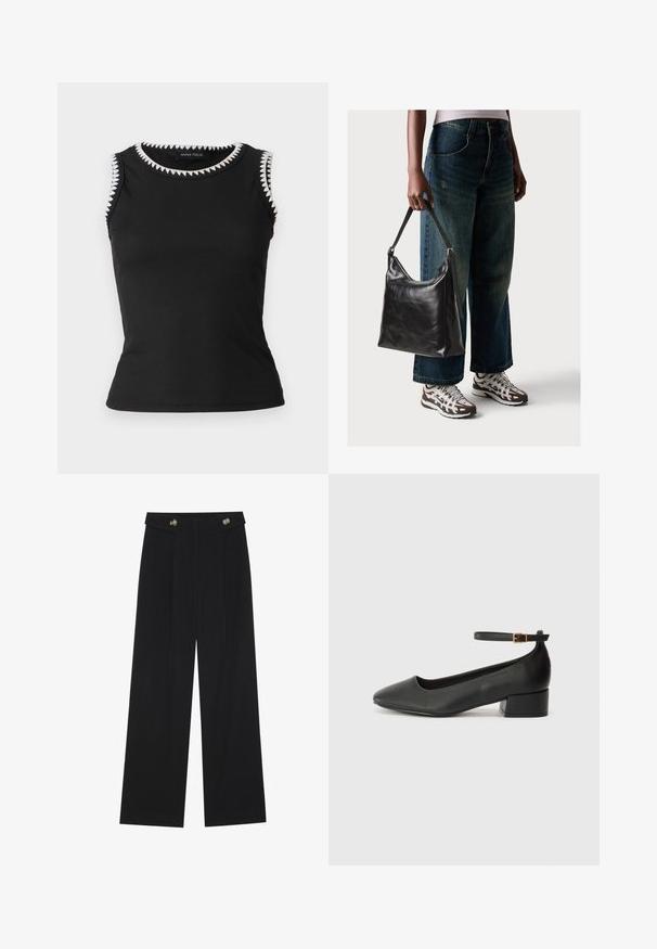 Black sleeveless top with ribbed texture; features a white zigzag trim around the neckline and armholes; form-fitting design.; Black wide-leg trousers with high waist, button details on waistband, and front pleats.; Black leather pump with a pointed toe and a low block heel. Features an ankle strap with a gold-tone buckle. Smooth texture.; Black leather shoulder bag with a smooth texture and adjustable strap, paired with faded wide-leg jeans and athletic sneakers.