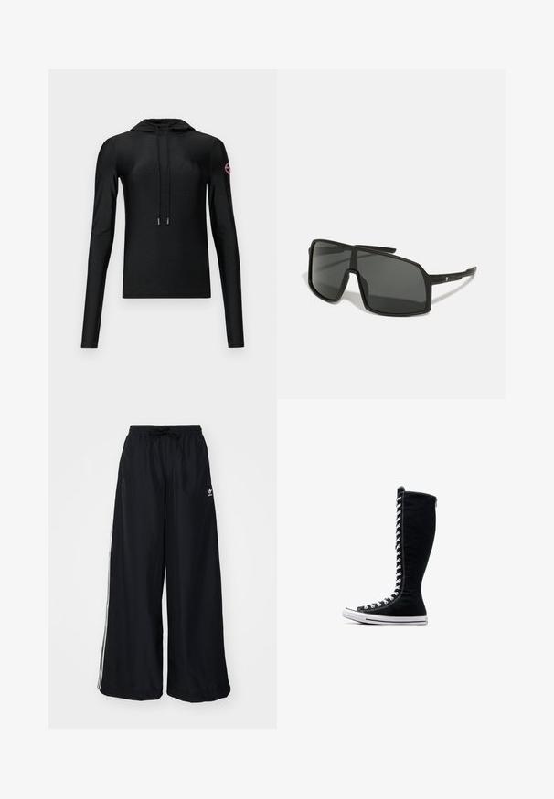 Svart huvtröja med lång ärm och en figurnära design, med en dragsko fram och en rund logotyp i rosa på höger ärm.; Svarta vida byxor i lättviktsmaterial. Har resårmidja med dragsko och vita sidostreck. Varumärkeslogotyp på höften.; Svarta högskaftade sneakers med en hög design, tillverkade av kanvas. Har vita snören, sömmar och en gummisula med en tåskydd.; Svarta solglasögon med en stor, kantig båge, mörka linser och tunna, eleganta skalmar med en liten logotyp på ena sidan.