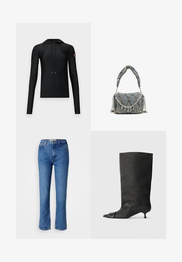 Černá mikina s kapucí a dlouhým rukávem s přiléhavým střihem, která má vpředu šňůrku na stažení a růžovou kulatou nášivku na pravém rukávu.; Modré džíny z denimové látky se střihy rovného nohavice, klasickým pěti kapsovým designem, oranžovým švem a zapínáním na knoflíky.; Černá kožená kotníková bota s špičatou špičkou, malým podpatkem a kovovým akcentem na špičce. Hladký, matný povrch po celém obvodu.; Džínová kabelka s prošívaným vzorem, modré barvy, s krátkým pleteným uchem a stříbrným řetízkovým popruhem s kovovým písmem značky.