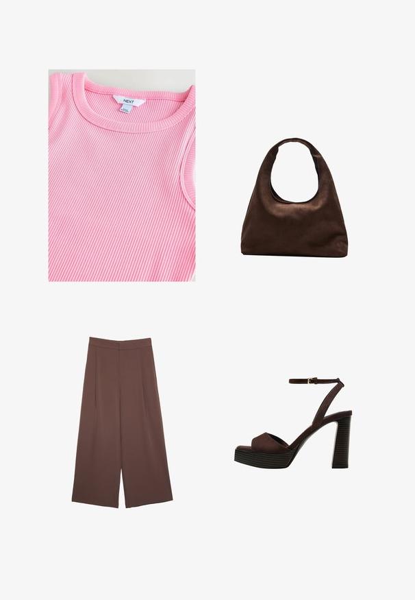 Svetloružový rebrovaný top s okrúhlym výstrihom, s jemnou textúrou a hladkými okrajmi, označený „NEXT“ vo vnútri goliera.; Hnedé nohavice so širokými nohavicami a hladkou textúrou, s vysokým pásom a prednými skladmi. Tkanina je ľahká a voľne sa pohybuje.; Hnedé semišové sandále na vysokom podpätku s otvorenou špičkou, nastaviteľným členkovým remienkom a pruhovanou platformovou podrážkou.; Svetlohnedá kabelka v štýle hobo s jedným širokým popruhom a zakriveným otváraním na vrchu, vystavená na bielom pozadí.