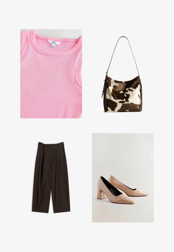 Světlá růžová žebrovaná tílko s kulatým výstřihem, které má měkkou texturu a hladké okraje, uvnitř límce označeno "NEXT".; Tmavě hnědé široké kalhoty s vysokým pasem, vybavené jedním tlačítkem na zapínání a plisovaným předním dílem. Vyrobené z lehkého materiálu.; Nude lakované lodičky na blokovém podpatku s špičatou špičkou a lesklým povrchem. Mají hladký povrch a střední čtvercový podpatek.; Hnědá a krémová kravská kůže ramenní taška s hladkým koženým popruhem, zipovým uzavřením a jemným, texturovaným povrchem s přírodním vzorem.