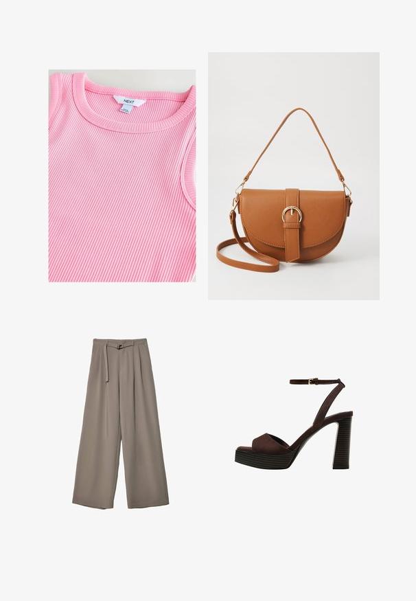 Svijetlopinkasti rebrasti top bez rukava s okruglim dekolteom, s mekanom teksturom i glatkim rubovima, s oznakom "NEXT" unutra ovratnika.; Široke hlače u mekoj, prigušenoj sivoj tkanini, s remenom na struku i plisiranim detaljima za dodatni dizajn. Glatka tekstura, bez uzoraka.; Smeđe zamšaste sandale s visokim potpeticama, otvorenim prstima, podesivom trakicom oko gležnja i prugastom platformom.; Smeđa kožna torba preko tijela s zakrivljenim oblikom, zlatnim metalnim detaljima i naglaskom na kopču. Ima odvojivu naramenicu.