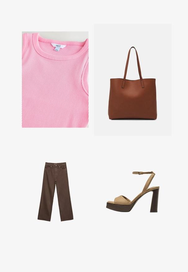Světlá růžová žebrovaná tílko s kulatým výstřihem, které má měkkou texturu a hladké okraje, uvnitř límce označeno "NEXT".; Hnědé džíny s širokými nohavicemi vyrobené z denimu, s vysokým pasem, předními kapsami a klasickým zapínáním na knoflík. Hladká textura s jemným švem.; Bežové semišové sandály na vysokém podpatku s širokým předním páskem a páskem kolem kotníku, s masivním dřevěným blokovým podpatkem s texturovaným povrchem.; Hnědá kožená taška přes rameno s hladkou texturou, otevřeným designem a dvěma ramenními popruhy. Obsahuje minimální švy a žádné viditelné kovové prvky.