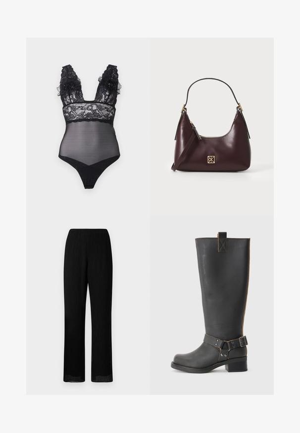 Body din dantelă neagră cu panouri transparente, decolteu adânc în V și accente florale decorative pe bretele. Are un croi tip thong și un design complicat din dantelă.; Pantaloni negri, cu croi larg, cu o textură plisată și un elastic în talie. Materialul este ușor și curge, având un croi drept până la tiv.; Cizmă înaltă din piele neagră, cu un finisaj texturat, având un accent cu cataramă pe lateral și un toc mic. Cusături detaliate de-a lungul cusăturilor.; Geantă de mână din piele burgundă, cu o formă curbată, accente aurii pe feronerie și închidere cu fermoar. Dispune de o curea de umăr detașabilă.