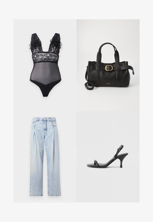 Schwarzer Spitzen-Bodysuit mit transparenten Einsätzen, tiefem V-Ausschnitt und dekorativen Blumenakzenten an den Trägern. Präsentiert einen Tanga-Schnitt und ein filigranes Spitzenmuster.; Helle blaue Denim-Jeans mit hoher Taille, weitem Beinschnitt, zwei seitlichen Taschen und gefaltetem Design. Weiche Textur mit einem ausgebleichten Finish.; Schwarze Leder-Sandalen mit hohen Absätzen, schlankem, gebogenem Absatz und gekreuztem Riemendesign. Verstellbarer Knöchelriemen. Glatte Textur.; Schwarze Lederhandtasche mit strukturiertem Design, doppelten oberen Griffen, goldfarbenem Schnallenakzent und geprägtem Markenlogo auf der Vorderseite.