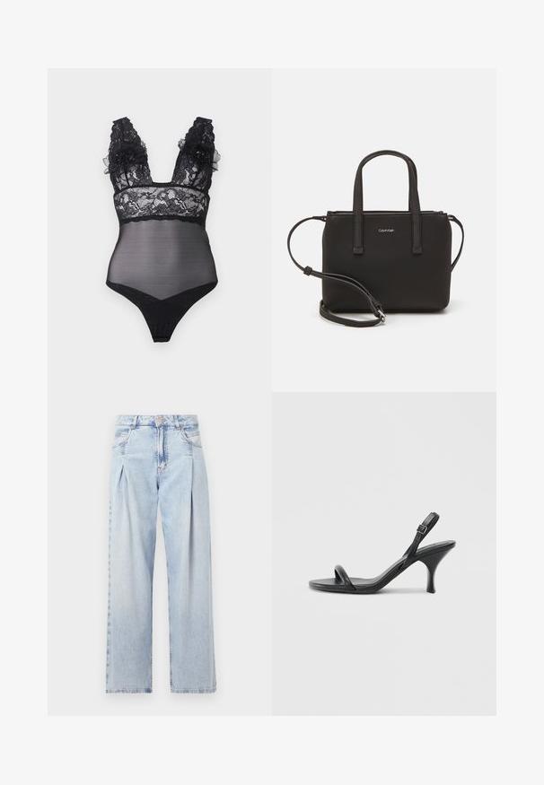 Body nero in pizzo con pannelli trasparenti, scollo a V profondo e decorazioni floreali sui bretelli. Presenta un taglio a perizoma e un intricato design in pizzo.; Jeans in denim azzurro chiaro con vita alta, taglio a gamba larga, due tasche laterali e design plissettato. Texture morbida con una finitura sbiadita.; Sandali con tacco alto in pelle nera, con tacco sottile e curvo e design a fascia incrociata. Cinghia alla caviglia regolabile. Texture liscia.; Borsa nera con doppi manici corti e tracolla removibile. Materiale simile alla pelle liscia con chiusura a zip e dettaglio del logo.