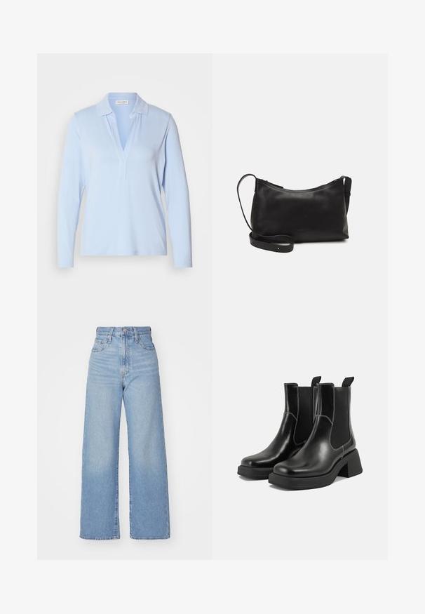 Camisa de manga larga azul claro con cuello y abertura en forma de V. Hecha de una tela suave, diseñada para un ajuste relajado.; Jeans de tiro alto y pernera ancha en azul claro, con cierre frontal de botón y cremallera, y bolsillos delantero y trasero, sobre un fondo blanco.; Botas Chelsea de cuero negro con tacón grueso, paneles laterales elásticos y costuras en blanco que contrastan. Acabado texturizado.; Bolso de hombro de cuero negro con una textura suave, forma curvada, correa ajustable y cierre con cremallera. Diseño minimalista sin adornos.