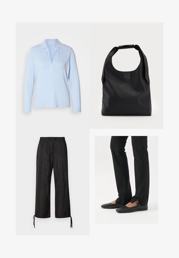 Light blue long-sleeve shirt with a collared neckline and a V-shaped opening. Made of soft fabric, designed for a relaxed fit.; Black, loose-fitting pants with an elastic waistband and adjustable drawstrings at the ankles. Smooth fabric with a subtle sheen.; Black leather ballet flats with a pointed toe, strap with silver buckle, paired with black tailored pants featuring a slit hem.; Black leather hobo bag with a single, soft, rounded handle; features a smooth texture and a minimalist design. No visible hardware or accents.; Silver hoop earrings with a smooth, polished finish. Round shape and secure click-top closure. Lightweight design suitable for everyday wear.