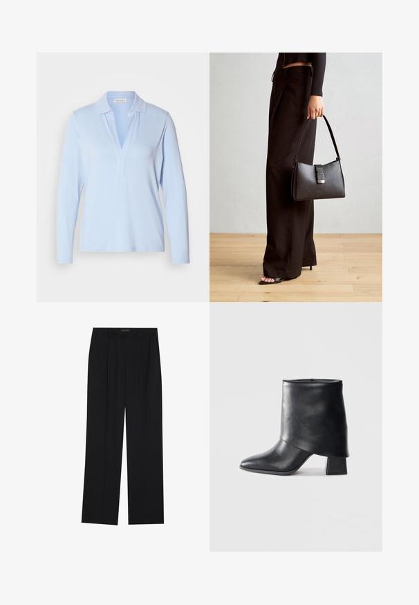 Svetlo modra majica z dolgimi rokavi, s kroženim ovratnikom in V-izrezom. Narejena iz mehkega materiala, zasnovana za sproščen fit.; Črne hlače s ravnim krojem, ki imajo dva sprednja žepa in pas. Narejene so iz gladkega, lahkega materiala.; Črne usnjene gležnjarje z izostrenim prstom, gladko teksturo in trdnimi blokastimi petami. Imajo visok, zložen manšeti.; Črna torbica z strukturirano obliko, gladko teksturo in kovinskim zaponko. Ujemajo se z širokimi črnimi hlačami in odprtimi sandali na lesenem tleh.