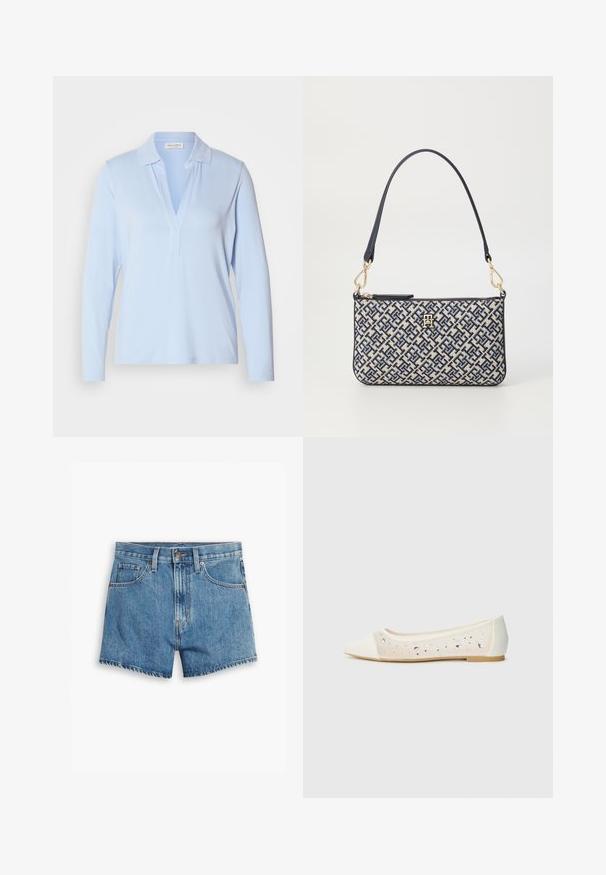 Világoskék, hosszú ujjú ing, galléros nyakkal és V-alakú kivágással. Puha anyagból készült, laza szabású.; Világoskék farmer rövidnadrág, öt zsebbel, cipzáros megoldással és gombos záródással. A szegélyt megkoptatták, és laza szabású dizájn jellemzi.; Krém bőrből készült, hegyes orrú lapos cipő átlátszó felsőrésszel, ami szétszórt gyémántokkal van díszítve. Puha talp a kényelemért, minimalista dizájn.; Téglalap alakú kézitáska tengerészkék és krém színű geometrikus mintával, texturált anyagból, arany színű hardverelemekkel, és egyetlen tengerészkék válltartóval.