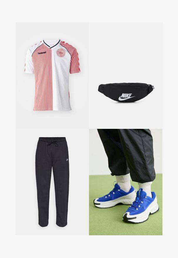 Jersery cu manecă scurtă, în dungi roșii și albe, cu un design cu decolteu în V, având logo pe piept și accente contrastante albastre pe umeri.; Pantaloni de trening negri dintr-un material moale, cu talie elastică, șnur de ajustare și un mic logo Nike pe coapsa stângă.; Pantofi sport albaștri și albi, cu țesătură texturată, talpă din cauciuc proeminentă și accente negre. Au șireturi și un design cu amortizare.; Rucsac fanny din nylon negru cu închidere cu fermoar, având un logo mare alb Nike. Textură netedă și design ergonomic pentru o purtare confortabilă.