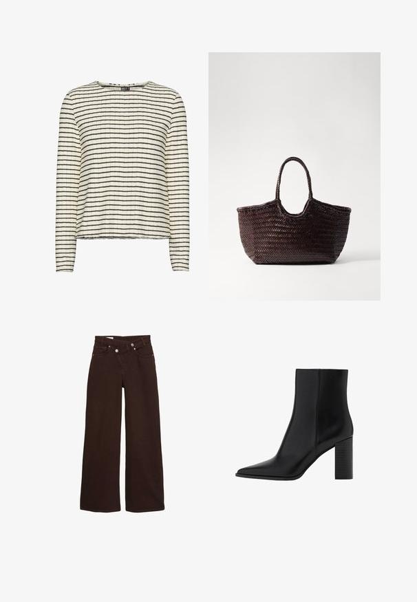 Dugo rukav u teksturiranom kremastom materijalu s uskim crnim horizontalnim prugama, s okruglim izrezom i ravnim rubom.; Smešane smeđe široke traperice s visokim strukom, prednjim zatvaračem i kopčom na gumb, koje imaju prednje i stražnje džepove.; Crne kožne čizme do gležnja s izduženim nožnim prstom, kvadratnim potplatom, glatkom teksturom i detaljima šavova duž šavova. Potpetice su visoke približno 8,9 centimetara.; Tkanirana smeđa torba s zaobljenim vrhom i dvjema drškama. Ima teksturirani uzorak s širokom, otvorenom strukturom za lak pristup.