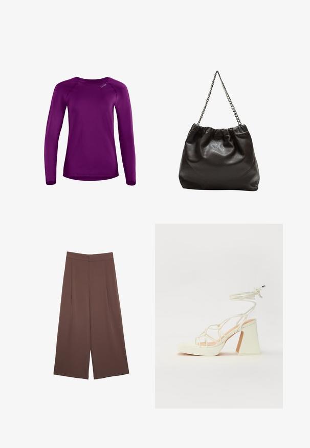 Langærmet skjorte i lilla, lavet af glat stof med rund halsudskæring og raglanærmer. Har et lille mærke-logo på forsiden.; Brune bredbunde bukser med en glat tekstur, der har høj talje og plisseringer foran. Stoffet er let og falder løst.; Hvide højhælede sandaler med en kraftig hæl, der har et stropdesign og ankelbinding. Glat tekstur med en platform foran for ekstra højde.; Brun lædertaske med en rynket top og en kædestrop. Glat tekstur med en blank finish og subtile sømdetaljer på siderne.