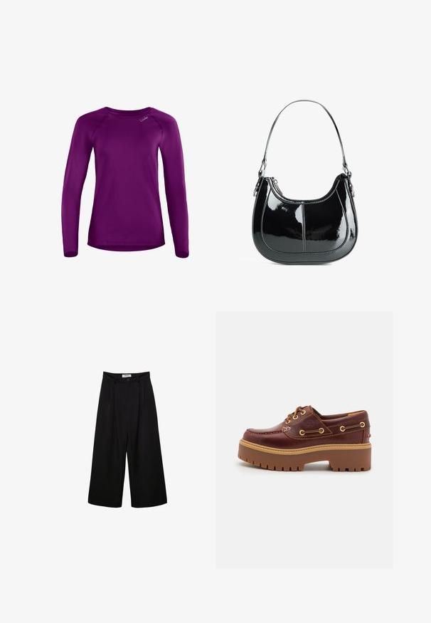 Langærmet skjorte i lilla, lavet af glat stof med rund halsudskæring og raglanærmer. Har et lille mærke-logo på forsiden.; Sorte brede bukser med høj talje, plisseret front og knaplukning. Lavet af glat stof med en skræddersyet design.; Brune læder bådsko med en kraftig brun gummisål, gyldne snørehuller og kontraststing. Har et logo på siden.; Sort patent læder håndtaske med en buet design, lynlåslukning og en enkelt skulderrem med sølvfarvet hardware og syninger som accents.