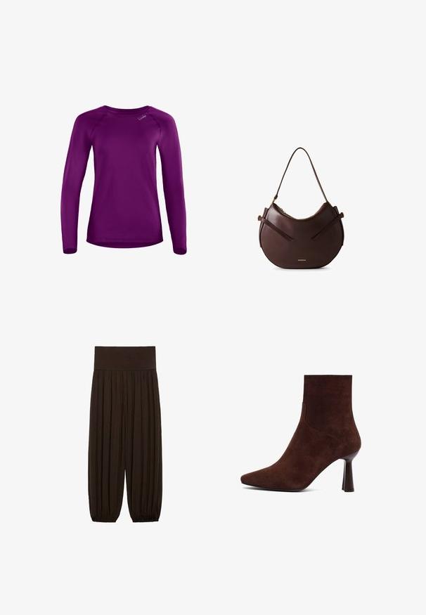 Camicia a maniche lunghe in un colore viola uniforme, realizzata in tessuto leggero e liscio. Presenta una scollatura rotonda e un logo discreto sulla spalla.; Pantaloni marroni a pieghe con una ampia cintura elastica. Il tessuto è leggero e texture, con orli arricciati ai polsini.; Stivale alla caviglia in suede marrone con punta affusolata, design aderente e tacco alto e sottile, caratterizzato da linee pulite e texture liscia.; Borsa a spalla in pelle marrone con un design curvo, dotata di due fasce piatte e un logo dorato. Texture liscia con minimo utilizzo di metallo.