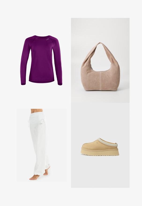 Garums piedurkņu krekls purpursarkanā krāsā, izgatavots no gludas auduma ar apaļu dekoltē un raglanu piedurknēm. Tam ir neliels zīmola logo priekšpusē.; Baltas, brīvi piegriezti bikses ar savilcēju jostu un (izvelkamu) auklu. Gluda tekstūra ar sānu šuvēm, izstrādātas ērtībai un kustības brīvībai.; Tan zamšādas slēgtas kurpes ar mīkstu apkakli un teksturētu gaiši zilu akcentu. Iespējama bieza, izturīga zole ar rakstu profilu.; Mīksta, zylejota hobo soma gaisā bēšā krāsā. Tam ir noapaļota forma ar platu siksnu un rāvējslēdzēja aizdare.