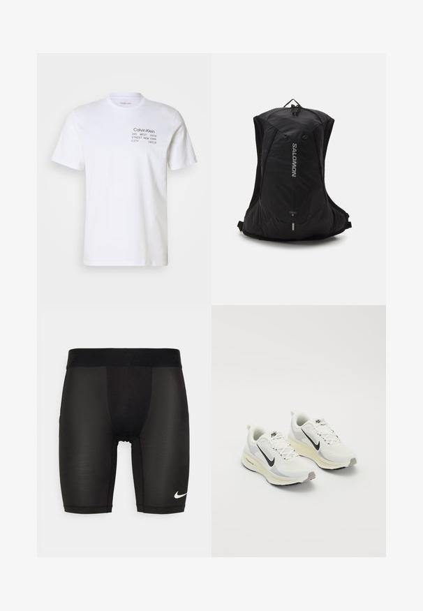 Hvid bomulds t-shirt med korte ærmer, rund hals og trykt tekst: "Calvin Klein 205 WEST 39TH STREET NEW YORK CITY 10018."; Svarte atletiske shorts lavet af glat, strækbart stof. Har en bred talje med prægede logoer og et lille hvidt logo på benet.; Løbesko lavet af hvidt åndbart mesh med lysegrå detaljer. Har et sort swoosh-logo og en lysegrå gummisål.; Salomon CROSS 8 - Rygsække - black