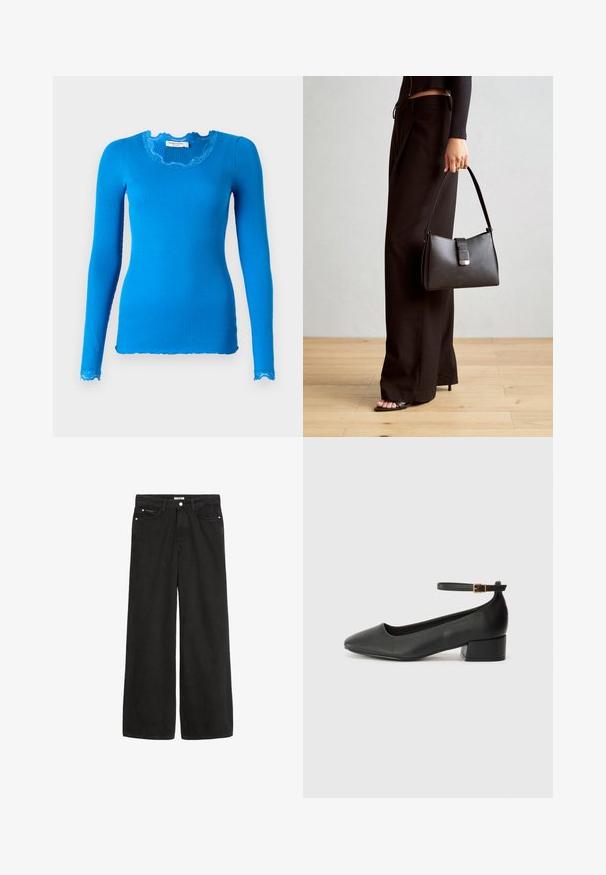 Camisola azul de manga longa canelada com um decote e bainha em forma de onda. O tecido parece suave; apresenta um delicado acabamento em renda nas mangas.; Jeans de denim preto de perna larga com cintura alta. Apresenta cinco bolsos, ferragens metálicas e um acabamento limpo. A textura é suave e macia.; Sandal de pele preta com bico pontiagudo e um salto bloco baixo. Apresenta uma tira no tornozelo com uma fivela em tom dourado. Textura suave.; Bolsa preta com forma estruturada, textura suave e um fecho metálico. Combinada com calças largas pretas e sandálias de salto aberto sobre um chão de madeira.