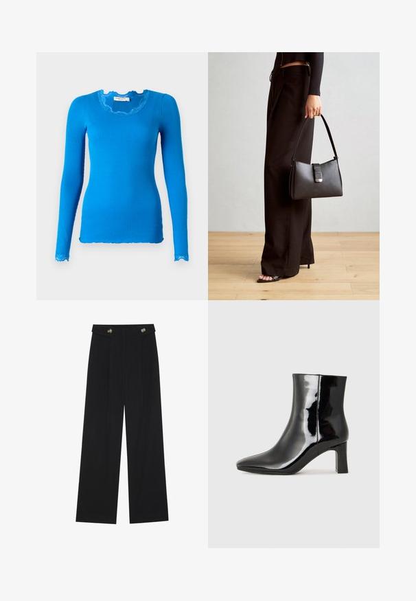 Modrý dlouhý rukáv svůdný top s vroubkovaným límcem a lemem. Tkanina vypadá hladce; obsahuje jemné krajkové detaily na rukávech.; Černé široké kalhoty s vysokým pasem, detailní knoflíky na pase a přední záhyby.; Černé lakované kotníkové boty s špičatou špičkou a středně vysokým blokovým podpatkem. Hladká textura a minimalistický design.; Černá kabelka se strukturovaným tvarem, hladkým povrchem a kovovým uzávěrem. Kombinována s širokými černými kalhotami a sandály s otevřenou špičkou na dřevěné podlaze.