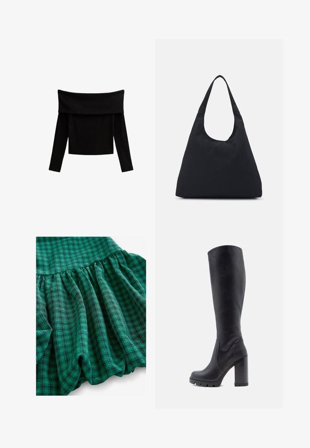 Svart off-shoulder långärmad topp i mjukt ribbat tyg, med en bred halsringning och en figurnära silhuett.; Grön rutigt tyg med varierande nyanser, samlad textur och volangkant. Materialet ser ut att vara andningsbart och lätt.; Svart knäghöga stövel, slät lädermaterial, kraftig klack, rund tå, texturerad sula med grepp, stilren design utan utsmyckningar.; Svart tygväska med en enda, bred axelrem. Mjuk, semi-strukturerad form och slät textur; minimal design utan synlig hårdvara.