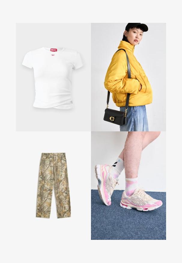 Hvid kortærmet t-shirt lavet af ribbet stof, med et lille rødt Diesel-logo på brystet og en snoet detalje nær kanten.; Kamuflagebukser med et flerfarvet mønster i grønne og brune nuancer, der ligner blade, med en standard femlomme-design og en løs pasform.; Beige og lyserøde sportssko med sølvdetaljer, meshenheder og en chunky sål. Båret med farverige, tie-dye sokker.; Gul polstret jakke med høj krave og frontlomme, parret med en sort crossover-taske med guldfarvet hardware. Casual denim bukser.