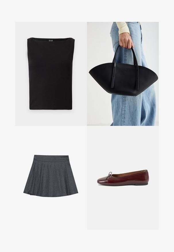 Black fitted top with a square neckline, made of soft cotton material, featuring no additional patterns or accents. Simple and plain design.; Gray pinstriped skater skirt with a fitted waistband, flared A-line shape, and soft fabric texture. Vertical lines enhance visual interest.; Burgundy patent leather ballet flat with a rounded toe, small bow accent at the front, and a low, black rubber sole. Smooth texture.; Black leather handbag with a unique fan shape, featuring flat handles. The surface has a pebbled texture and a minimalistic design.