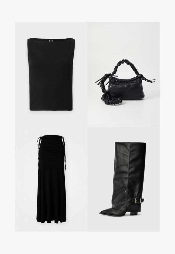 Čierny priliehavý top s štvorcovým výstrihom, vyrobený z jemnej bavlny, bez akýchkoľvek ďalších vzorov či akcentov. Jednoduchý a čistý dizajn.; Čierne, po členky dlhé šaty z mäkkého, elastického materiálu s riaseným telom a nastaviteľnými viazaniami po stranách, vytvárajúce splývavý siluetu.; Čierne kožené členkové topánky s špicatou špičkou, hladkou textúrou a striebornou prackou na boku. Masívny štvorcový podpätok.; Čierna umelá kožená kabelka s kroko vzorom, sťahovaným vrchom a zhnutým popruhom. Vyzerá mäkko a kompaktné v dizajne.