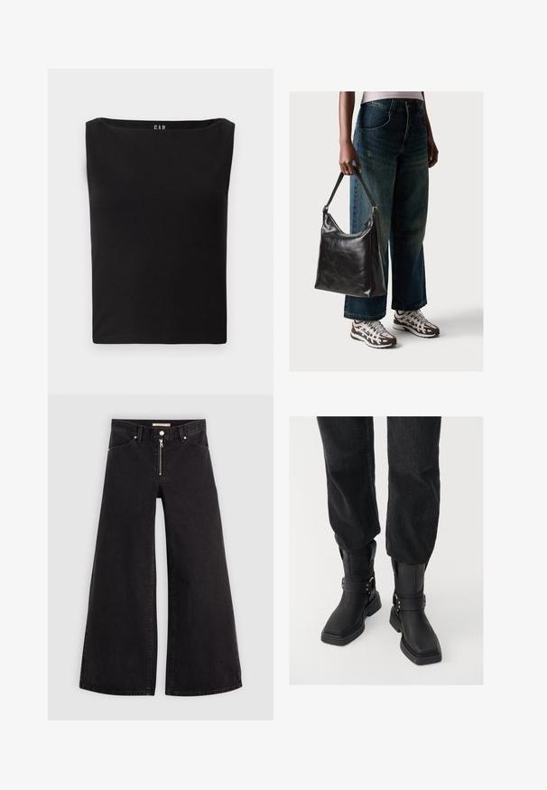 Top ajustado negro con escote cuadrado, hecho de material de algodón suave, sin patrones ni acentos adicionales. Diseño simple y liso.; Jeans de pierna ancha en denim negro con cierre frontal, diseño de cinco bolsillos y detalles de costura sutiles. Textura suave y estilo casual.; Botas negras de cuero hasta el tobillo con puntera cuadrada, que presentan una tira ancha y un detalle de hebilla de metal. Las botas tienen una suela gruesa y una textura suave.; Bolso de hombro de cuero negro con una textura suave y correa ajustable, combinado con jeans de pierna ancha desgatados y zapatillas deportivas.