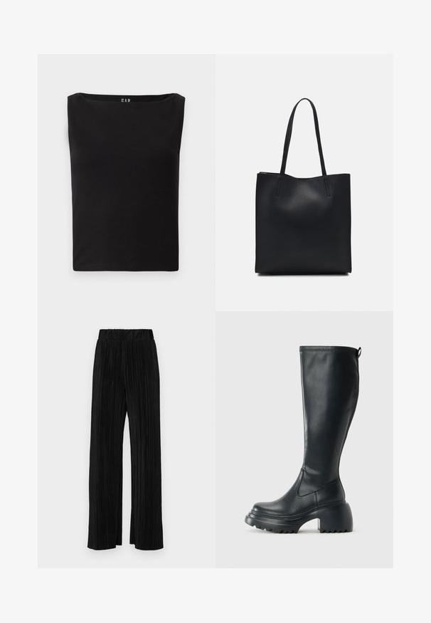 Sort tætsiddende top med firkantet udskæring, lavet af blødt bomuldsmateriale, uden yderligere mønstre eller dekorationer. Simpelt og ensartet design.; Sorte plisserede bukser med elastisk talje. Har brede ben og et glat, tekstureret stof med lodrette striber.; Høj sort læderstøvle med kraftig platformssål og blokhæl, med trækstrop og tekstureret sål.; Sort læder tote taske med glat tekstur, rektangulær form og to lange hanke. Ingen synlig hardware eller udsmykninger.