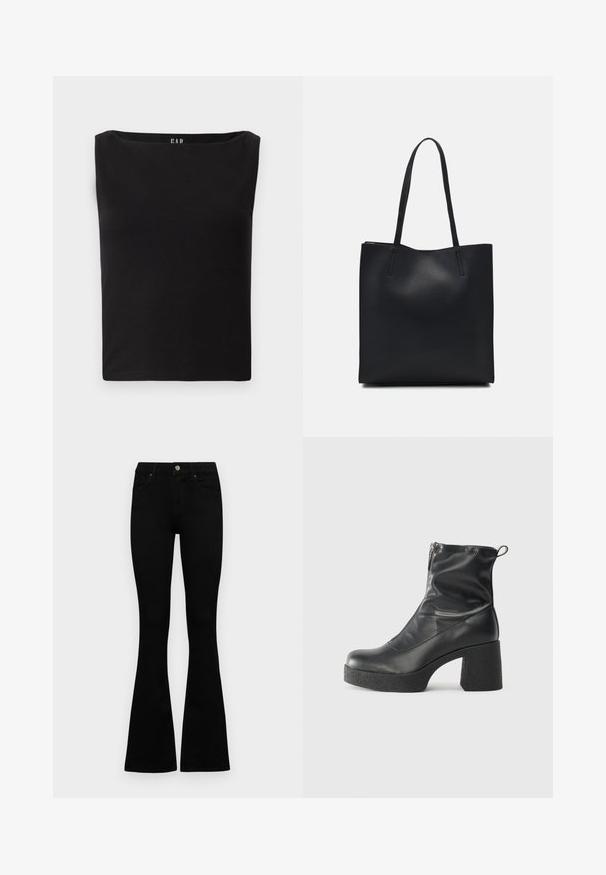 Black fitted top with a square neckline, made of soft cotton material, featuring no additional patterns or accents. Simple and plain design.; Black high-waist jeans with a button and zip closure, front pockets, and flared legs laid flat on a white background.; Black ankle boots made of smooth leather, featuring a side zipper, chunky textured heel, and rounded toe design.; Black leather tote bag with smooth texture, rectangular shape, and two long handles. No visible hardware or embellishments.