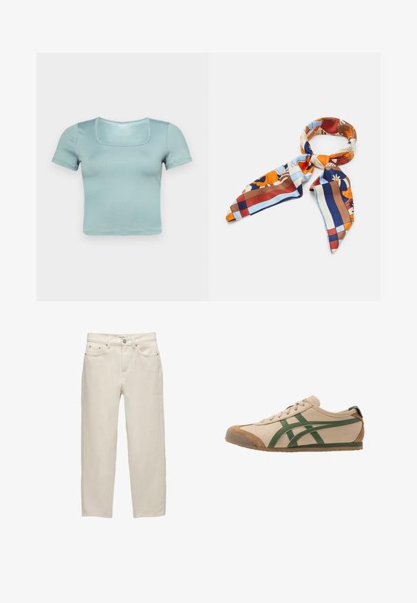 Krátký rukáv, zkrácený top v světle modré barvě; má čtvercový výstřih, hladkou texturu a přiléhavý střih pro moderní vzhled.; Bílé džínové kalhoty s uvolněným střihem, rovné nohavice, pět kapes a kovové detaily s jemnou texturou.; Béžové kožené tenisky se zelenými akcenty, s kulatou špičkou, plochou podrážkou a semišovými detaily na špičce a patě.; Hedvábný šátek s barevným květinovým a geometrickým vzorem v odstínech oranžové, modré, hnědé a krémové. Trojúhelníkové konce s hladkou texturou.