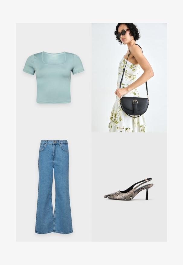 Šviesiai mėlyna trumpų rankovių apkirpta palaidinė; turi kvadratinį dekoldę, lygią tekstūrą ir tvirtą dizainą, suteikiantį šiuolaikišką išvaizdą.; Šviesiai mėlynos flared džinsai, pagaminti iš džinsinio audinio, su aukštu liemeniu, penkiomis kišenėmis ir vienu mygtuko užsegimu. Minkštas paviršius su išblukusiu efektu.; V-formos slingback batai, pagaminti iš tekstūruoto gyvatės odos raštų, su siauru juodu kulnu ir išpjova šonuose.; Juodas odinis krepšys su išlenkta forma, nuimamu dirželiu ir auksiniais detalėmis. Krepšys turi kilpą su sagtimi.