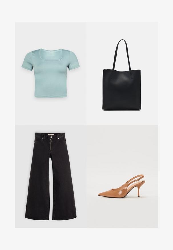 Kortskaermet avkortet topp i lys blå; har firkantet utringning, glatt tekstur og tettsittende design for et moderne utseende.; Vide benbukser i sort denim med glidelås i front, fem-lomme design og subtile sømdetaljer. Glatt tekstur og avslappet stil.; Spiss tå slingback hæl i et glat, glinsende brunt materiale. Har et buet utskårent design og en slank stilett hæl. Sølvspenne detalj.; Svart lær tote bag med glatt tekstur, rektangulær form og to lange håndtak. Ingen synlige deler eller dekorasjoner.